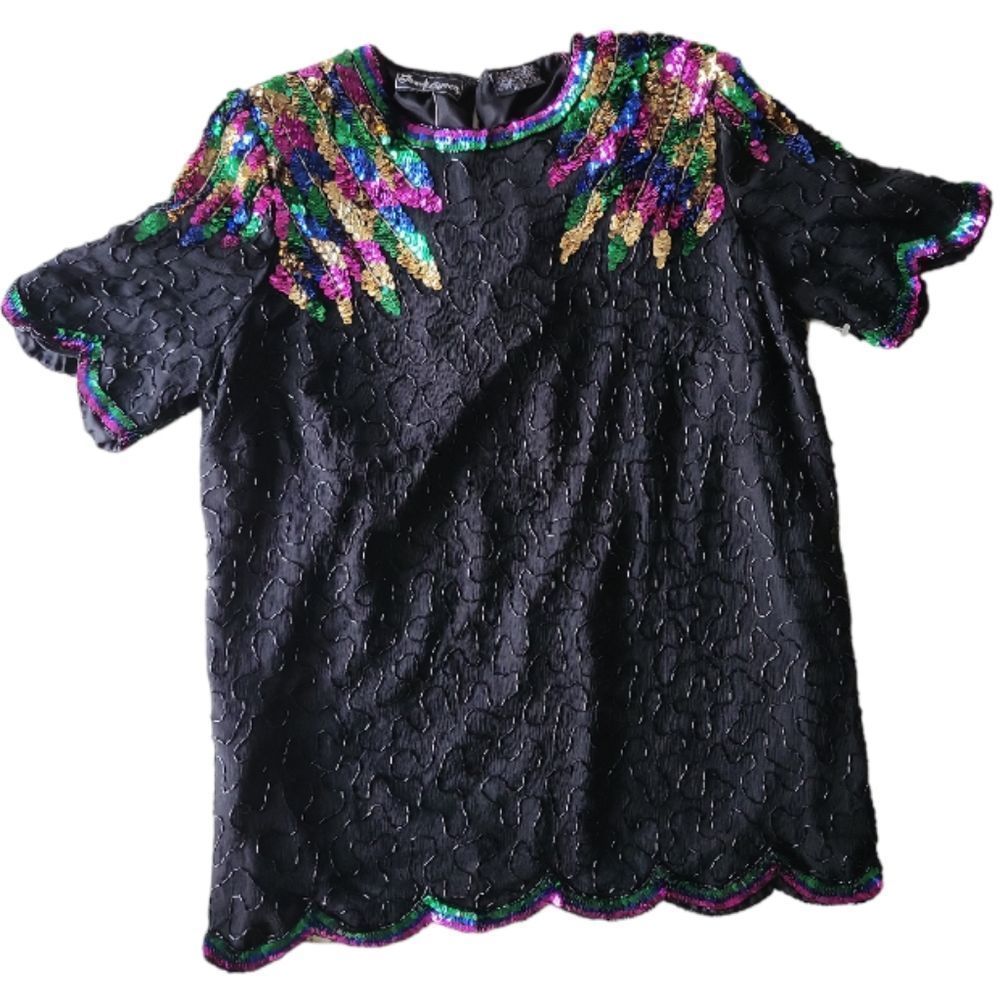 JEWEL QUEEN Vintage‎ 80s Black Sequin Scallop Hem Size L